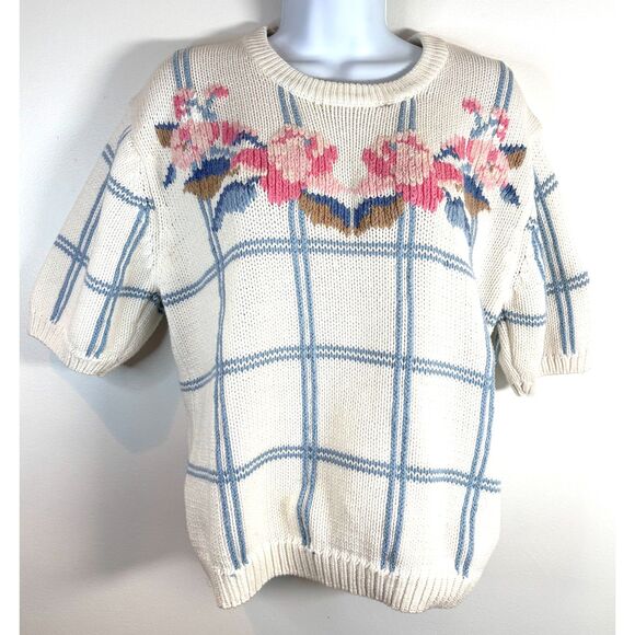 Eddie Bauer Sweaters - Vintage 90’s Eddie Bauer Sweater Women L Cream Floral Roses Chunky Knit Crewneck